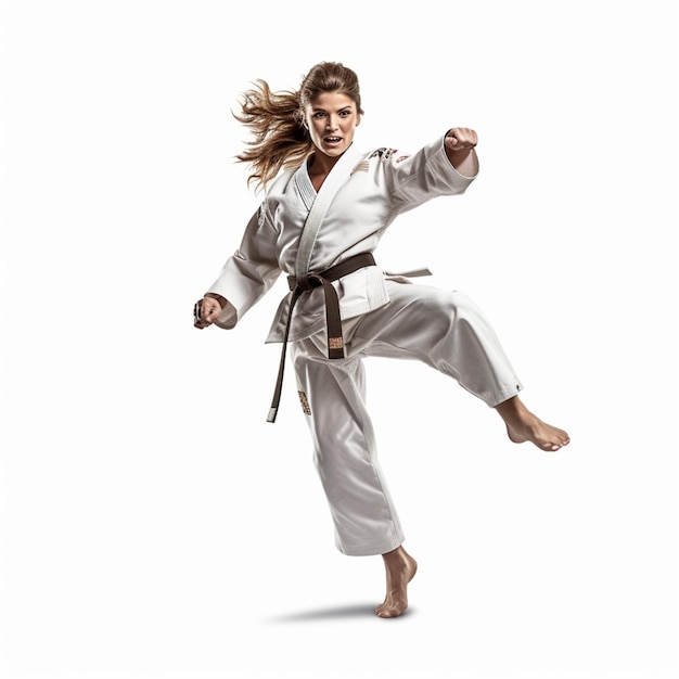 Judoka o karateka donna calci indossando kimono sfondo bianco