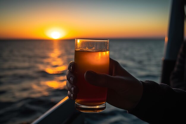 Juice durante una serena navigazione al tramonto su uno yacht Godersi la bellezza del mare e del cielo IA generativa