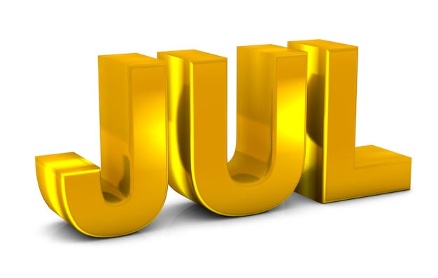 Jul Gold 3D Text Abbreviazione del mese di luglio isolata su sfondo bianco. Rendering 3D.