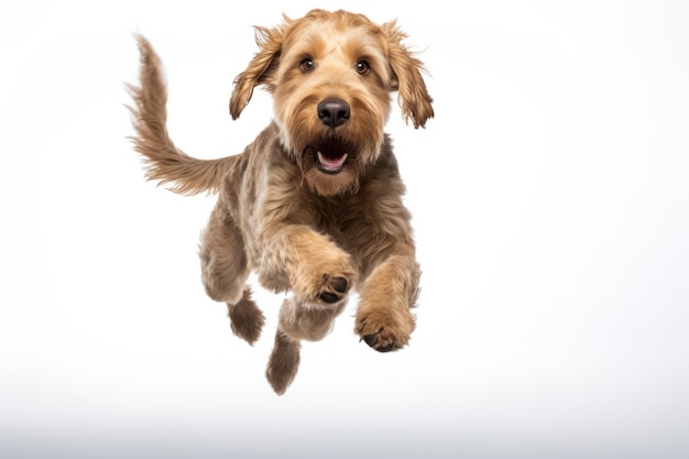 Jumping Moment Otterhound Dog su sfondo bianco Jumping Moment otterhound cane bianco sullo sfondo