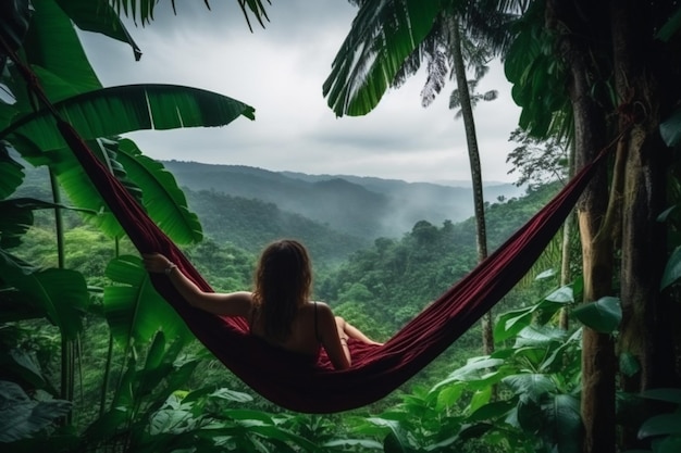 Jungle Bed appeso sopra la foresta tropicale con una femmina caucasica che riposa guardando il panorama