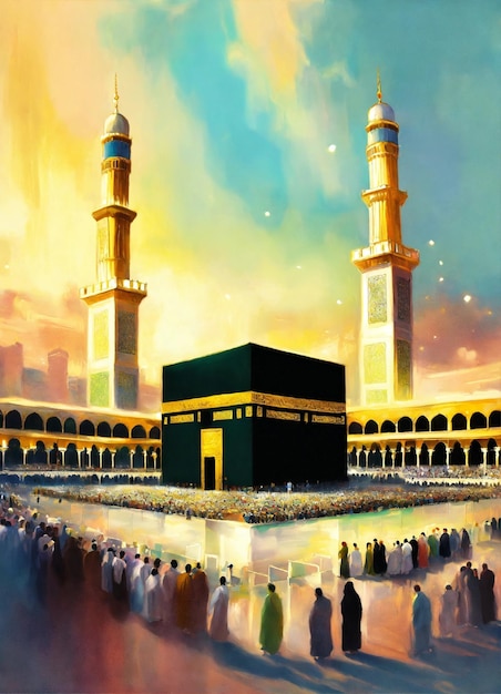 Kaaba Mecca luce celeste che splende su di esso dal cielo stile di pittura pastello