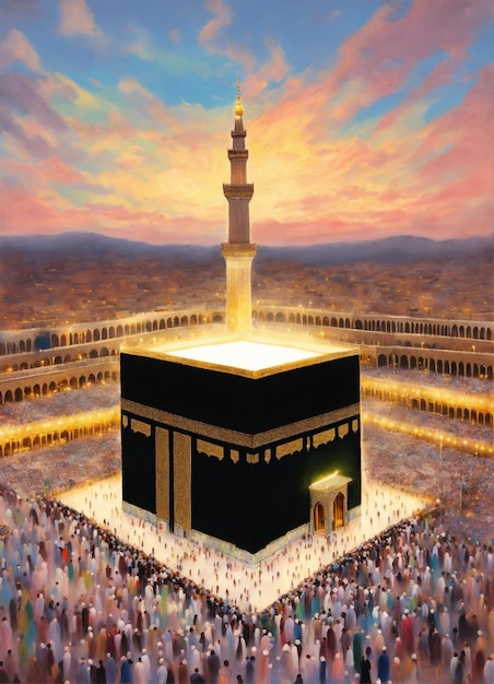 Kaaba Mecca luce celeste che splende su di esso dal cielo stile di pittura pastello