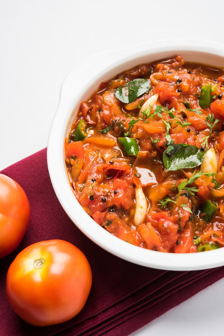Photo kari tomat atau sabzi juga dikenal sebagai sabji atau chutney disajikan dalam mangkuk, menu sayuran india populer untuk hidangan utama. fokus selektif