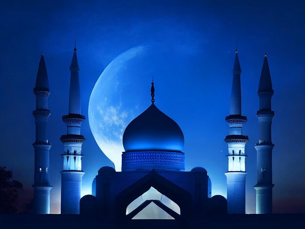 Kartu Eid Mubarak Masjid Kubah Siluet di malam hari dengan bulan sabit image