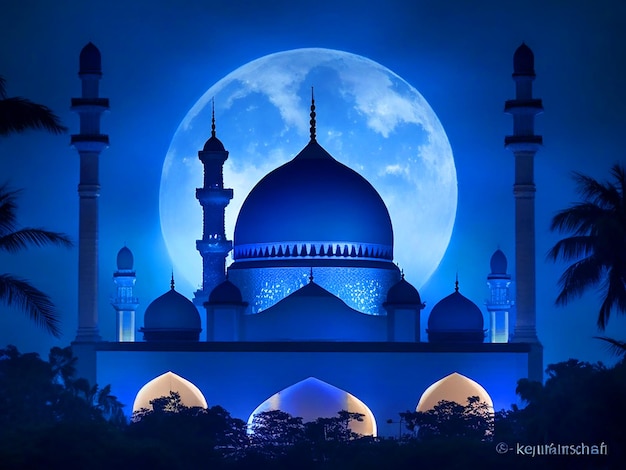 Kartu Eid Mubarak Masjid Kubah Siluet di malam hari dengan bulan sabit image