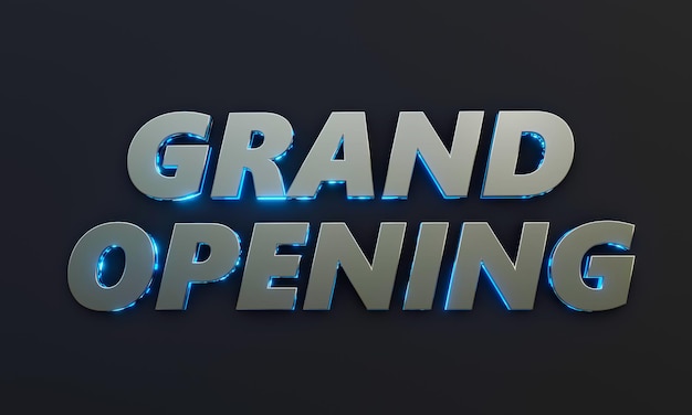 Kata Grand Opening tertulis di latar belakang gelap dengan efek sinematik dan neon. 3D Rendering