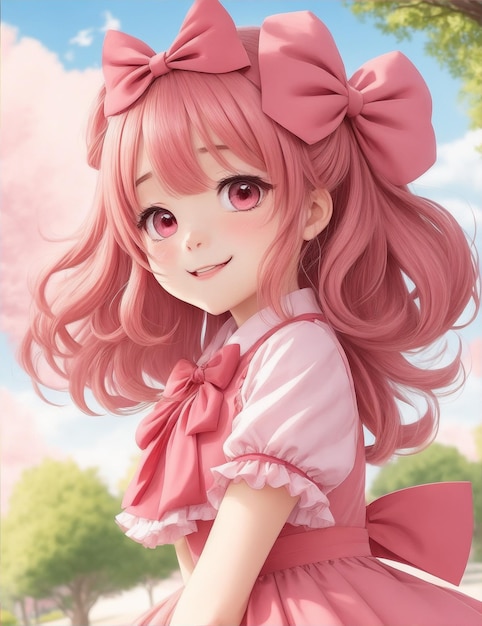 Kawaii anime ragazza con un vestito rosa in un parco Sakura Generative AI