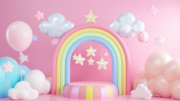 Kawaii arcata arcobaleno pastello e podio di esposizione a righe arcobaleno con nuvole carine Generative Ai
