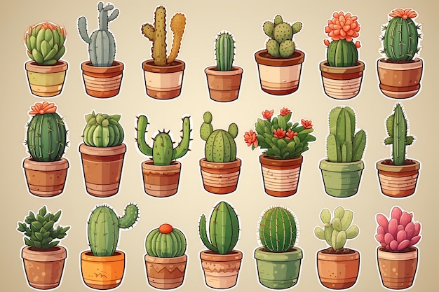 Kawaii Cute Cactus Stickers Illustrative Generative AI