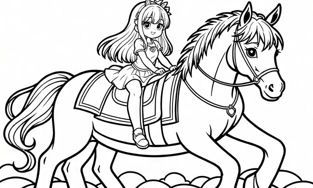 Kawaii Horseback Ride Pagina da colorare con AI con una ragazzina e un cavallo grande