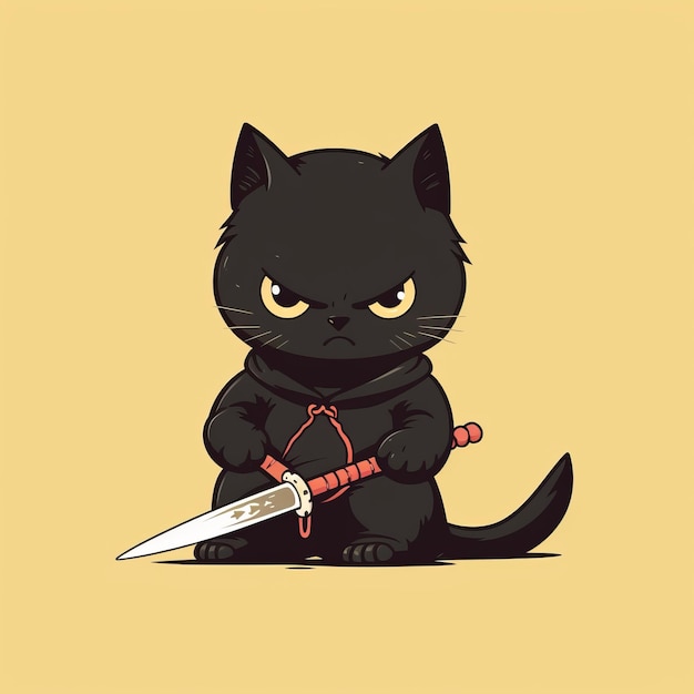 Kawaii Killer Retro Gatto nero giapponese con coltello Design minimale di cartoni animati