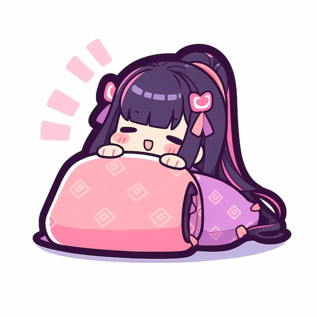 Kawaii Sleepy Blanket Girl Chibi Anime Vector Art Sticker con Clean Bold Line Cute Simple Digital