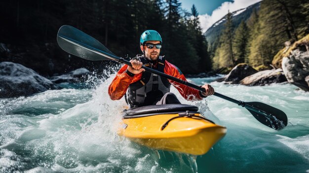 Kayaker che attraversa un fiume a flusso veloce