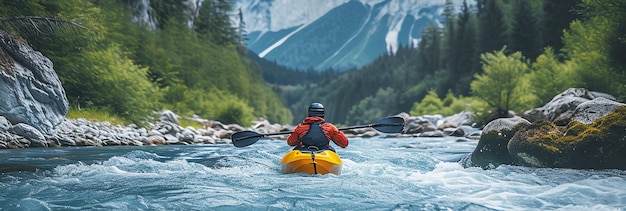Kayaker sul fiume in montagna generato dall'IA