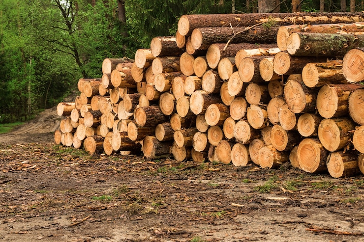 Photo kayu gelondongan ditumpuk di hutan. kayu gelondongan segar. penipisan hutan. industri kayu kayu penebangan.