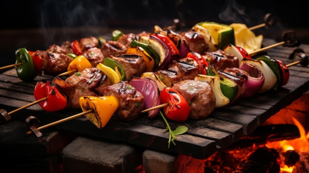 Kebab BBQ baciati dalle fiamme, carne e verdure.