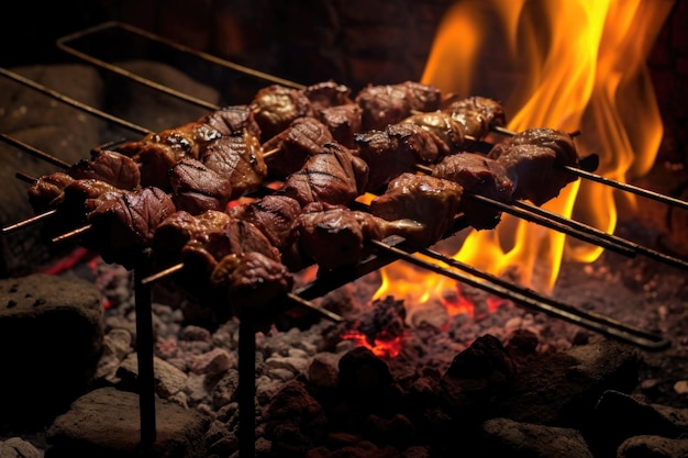 Kebab di agnello cotti su una fiamma aperta con carboni ardenti creati con ai generativi