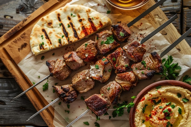 Kebab di agnello turco servito con hummus cremoso e pane pita