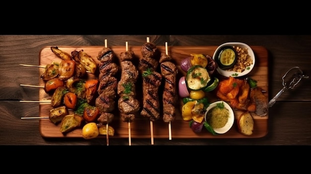 Kebab di carne vista dall'alto con patate e verdure grigliate con salsa alla lavagna