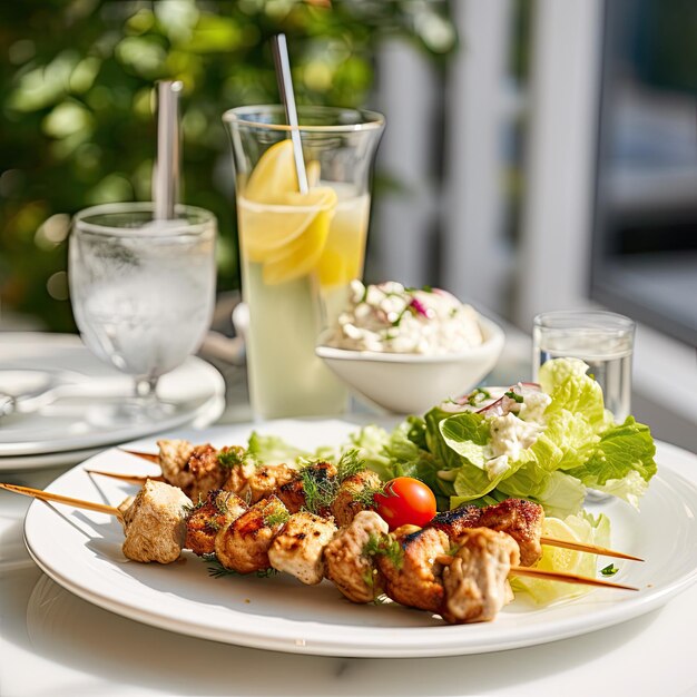 Kebab di pollo con salsa d'aglio bianco spazio di primo piano per il testo