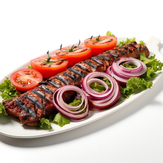 Kebab Urfa alla griglia con insalata di pomodoro e cipolla sullo sfondo bianco isolato