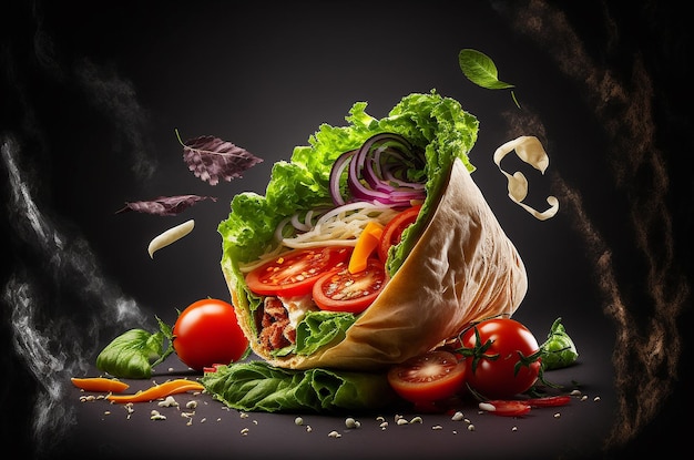 Kebab wrap prodotto studio fotografico sfondo nero scuro insalata fresca pomodoro cipolla illustrazione generativa ai