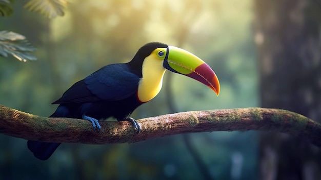 Keelbilled Toucan Ramphastos sulfuratus uccello seduto sul ramo nella foresta AI Generativo