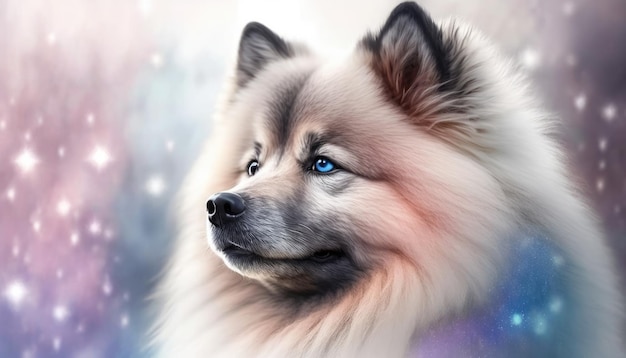 Keeshond Cane Primo piano Bianco Rosa Blu Fantasia magica Bokeh IA generativa