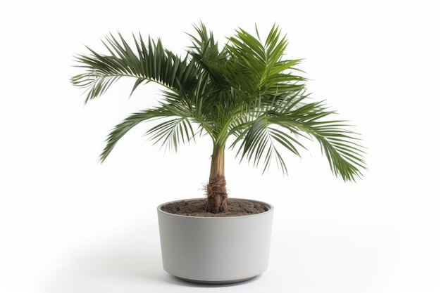 Kentia Palm Tree grigio in vaso Houseplant isolato su sfondo bianco