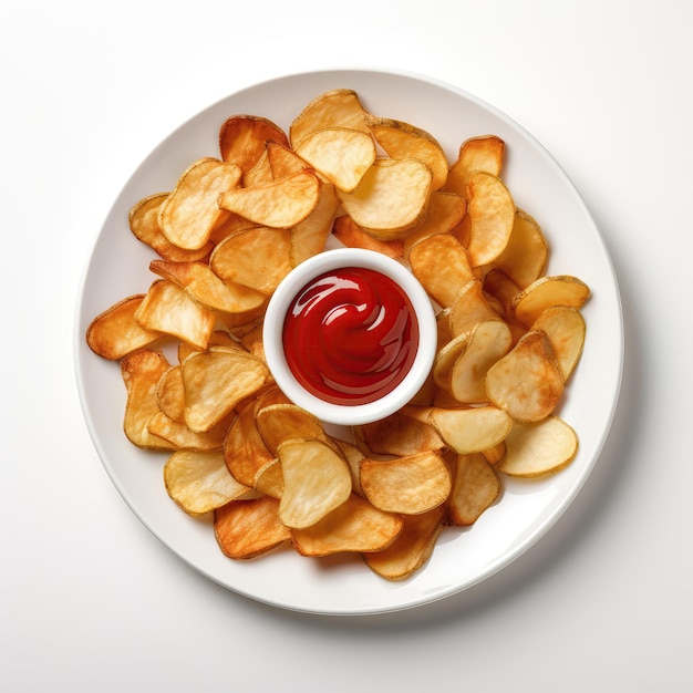 Ketchup Chips Piatto canadese su piastra su sfondo bianco direttamente sopra la vista