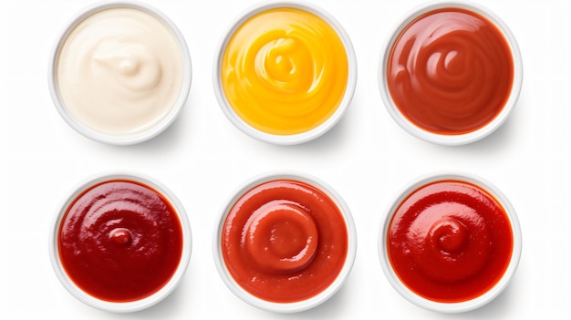 Ketchup delizioso in una ciotola bianca isolata su uno sfondo bianco