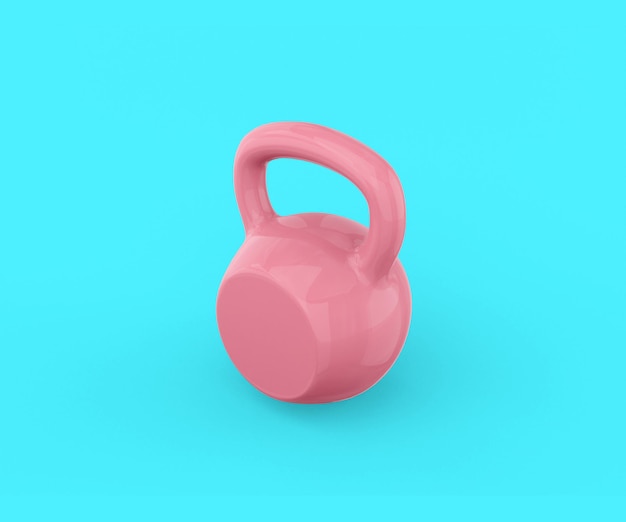 Kettlebell rosa su sfondo blu. Oggetto dal design minimalista. rendering 3D.