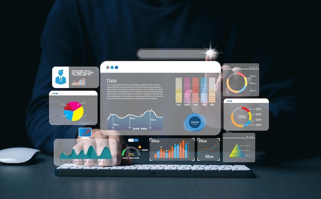 Key Performance Indicator KPI using Business Intelligence BI metrics to measure achievement versus planned target person touching screen icon success
