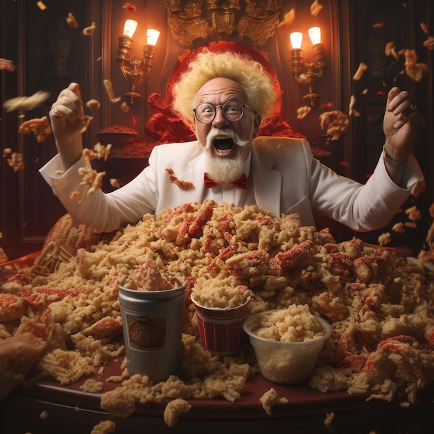 KFC uccello sporco che mangia un sacco di pollo e prodotti KFC piuttosto grandi con una pancia dall'aspetto