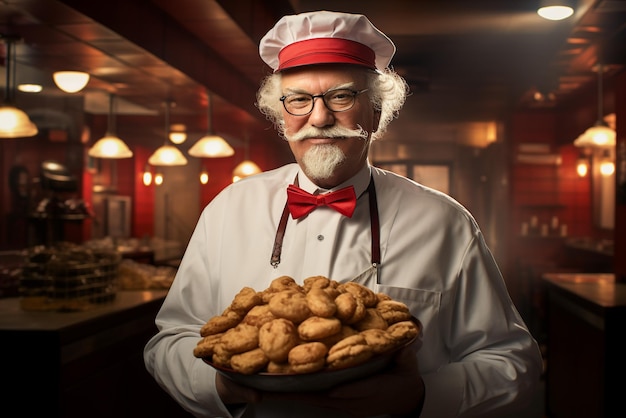 KFC uccello sporco che mangia un sacco di pollo e prodotti KFC piuttosto grandi con una pancia dall'aspetto