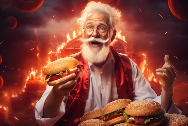 KFC uccello sporco che mangia un sacco di pollo e prodotti KFC piuttosto grandi con una pancia dall'aspetto