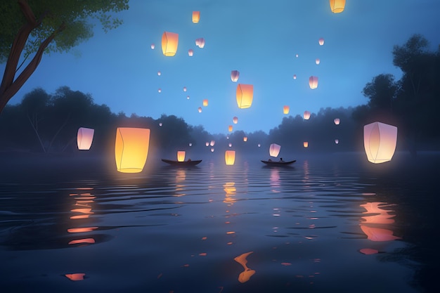 Khom Loy e Khom Fai Sky Lanterns Cerimonia di accensione delle lanterne