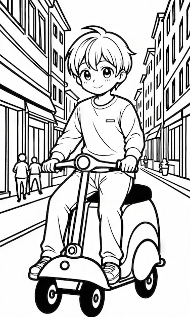 Kid Riding Scooter AICreated Pagina da colorare per l'avventura di Busy Street
