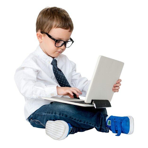 Kid using laptop png sticker business concept transparent background