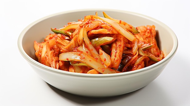 kimchi in una ciotola bianca cibo coreano da vicino su sfondo bianco