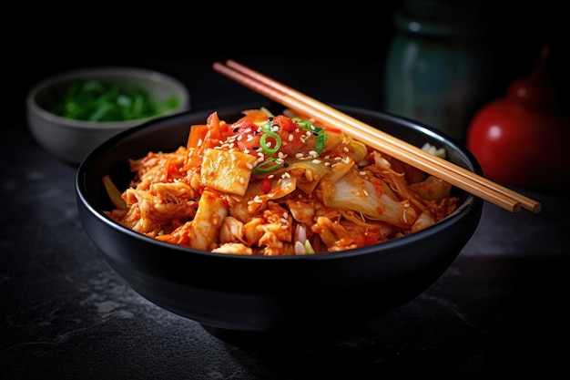 Kimchi piccante cibo coreano in una ciotola con le bacchette