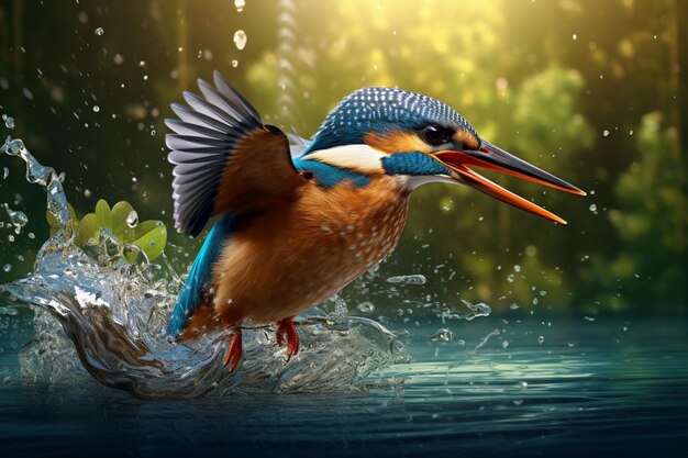 Kingfisher comune impegnato nella pesca in un fiume