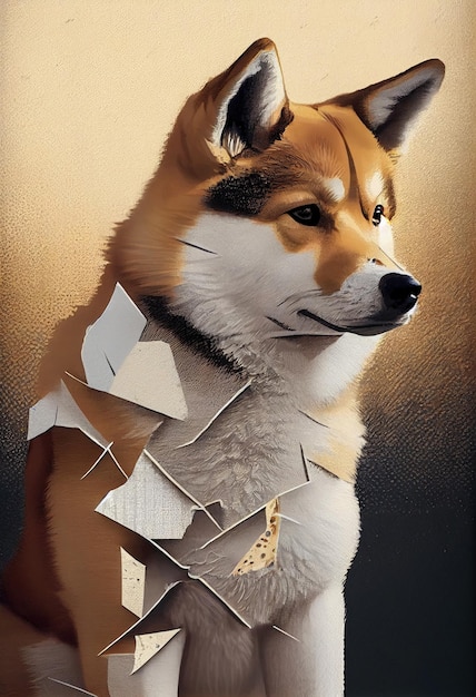 Kintsugi collage pop arte giapponese elegante Akita Inu.