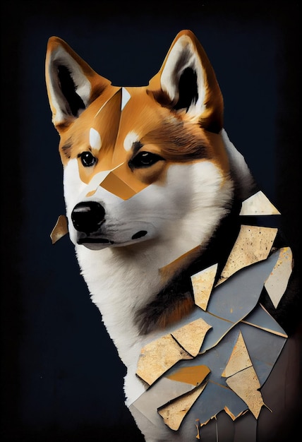 Kintsugi collage pop arte giapponese elegante Akita Inu.