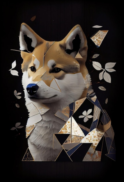 Kintsugi collage pop arte giapponese elegante Akita Inu.