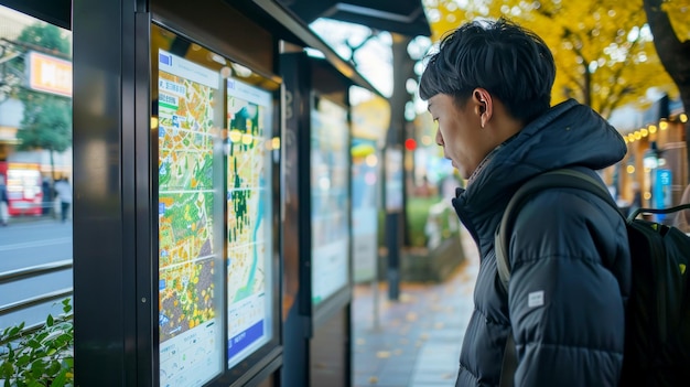 Kiosk di mappe digitali di uso turistico asiatico in un luogo turistico di Tokyo