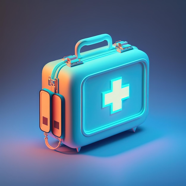 Kit di pronto soccorso ambulanza scatola di emergenza illuminata da luce al neon elettronica isolata su sfondo blu illustrazione 3d