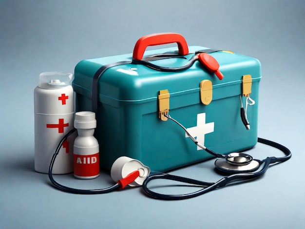 Kit di pronto soccorso, ambulanza, valigetta di aiuto medico, concetto di emergenza sanitaria, vettore 3D