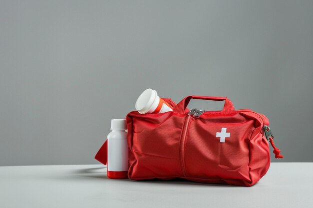 Kit di pronto soccorso borsa rossa con attrezzature mediche e farmaci per il trattamento di emergenza su grigio